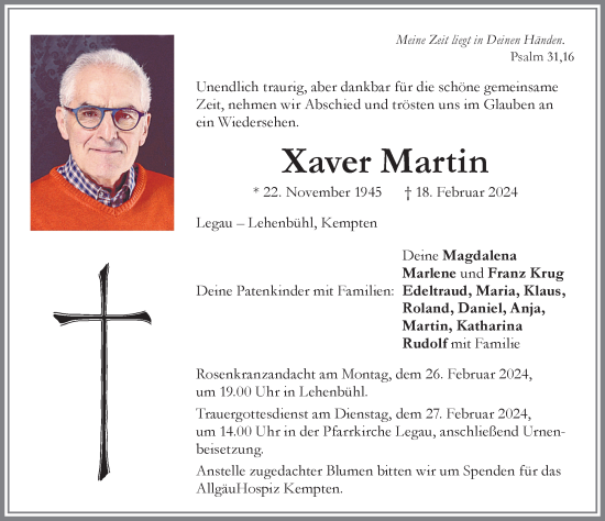 Traueranzeige von Xaver Martin von Allgäuer Zeitung,Kempten