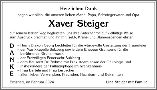 Traueranzeige von Xaver Steiger von Allgäuer Zeitung,Kempten