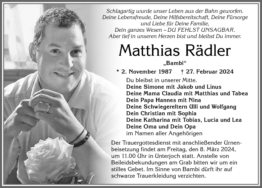  Traueranzeige für Matthias Rädler vom 02.03.2024 aus Allgäuer Anzeigeblatt