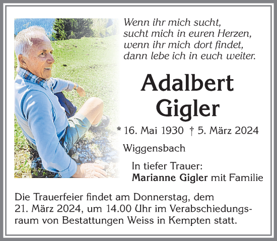 Traueranzeige von Adalbert Gigler von Allgäuer Zeitung,Kempten