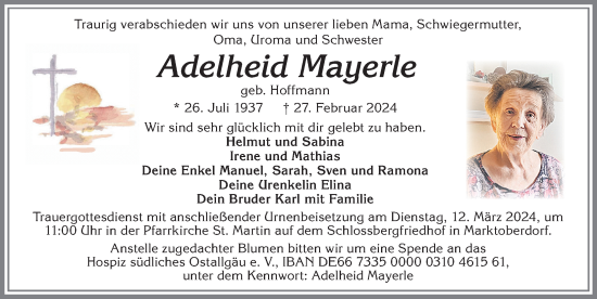 Traueranzeige von Adelheid Mayerle von Allgäuer Zeitung, Marktoberdorf