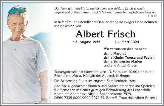 Traueranzeige von Albert Frisch von Allgäuer Zeitung,Kempten