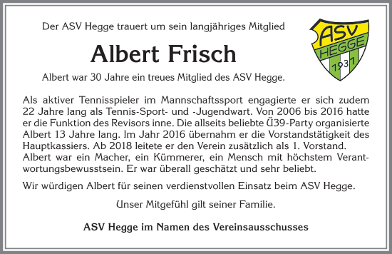 Traueranzeige von Albert Frisch von Allgäuer Zeitung,Kempten