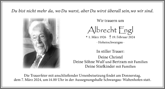 Traueranzeige von Albrecht Engl von Allgäuer Zeitung, Füssen