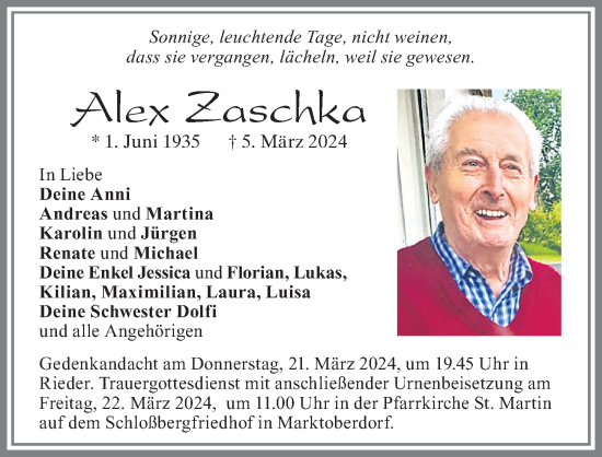 Traueranzeige von Alex Zaschka von Allgäuer Zeitung, Marktoberdorf