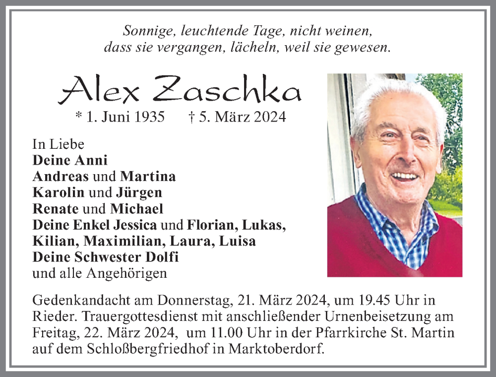  Traueranzeige für Alex Zaschka vom 19.03.2024 aus Allgäuer Zeitung, Marktoberdorf