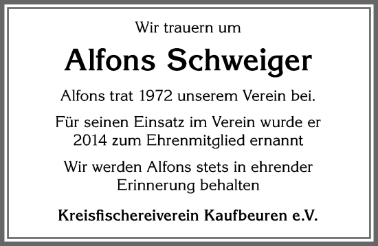 Traueranzeige von Alfons Schweiger von Allgäuer Zeitung, Kaufbeuren/Buchloe
