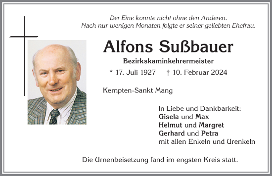 Traueranzeige von Alfons Sußbauer von Allgäuer Zeitung,Kempten