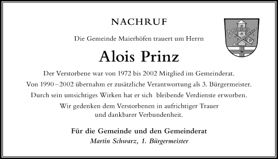 Traueranzeige von Alois Prinz von Der Westallgäuer