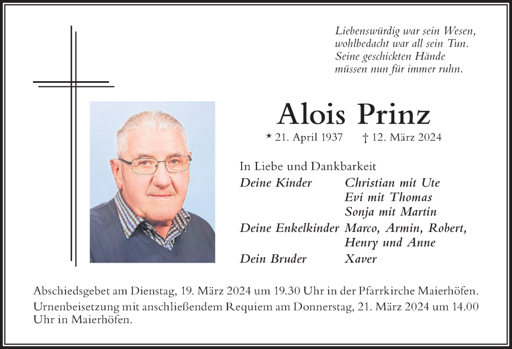  Traueranzeige für Alois Prinz vom 16.03.2024 aus Der Westallgäuer