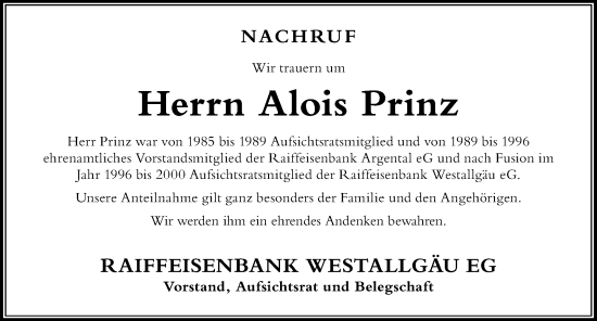 Traueranzeige von Alois Prinz von Der Westallgäuer