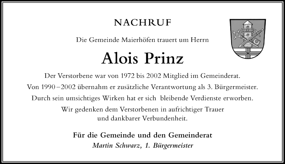  Traueranzeige für Alois Prinz vom 16.03.2024 aus Der Westallgäuer