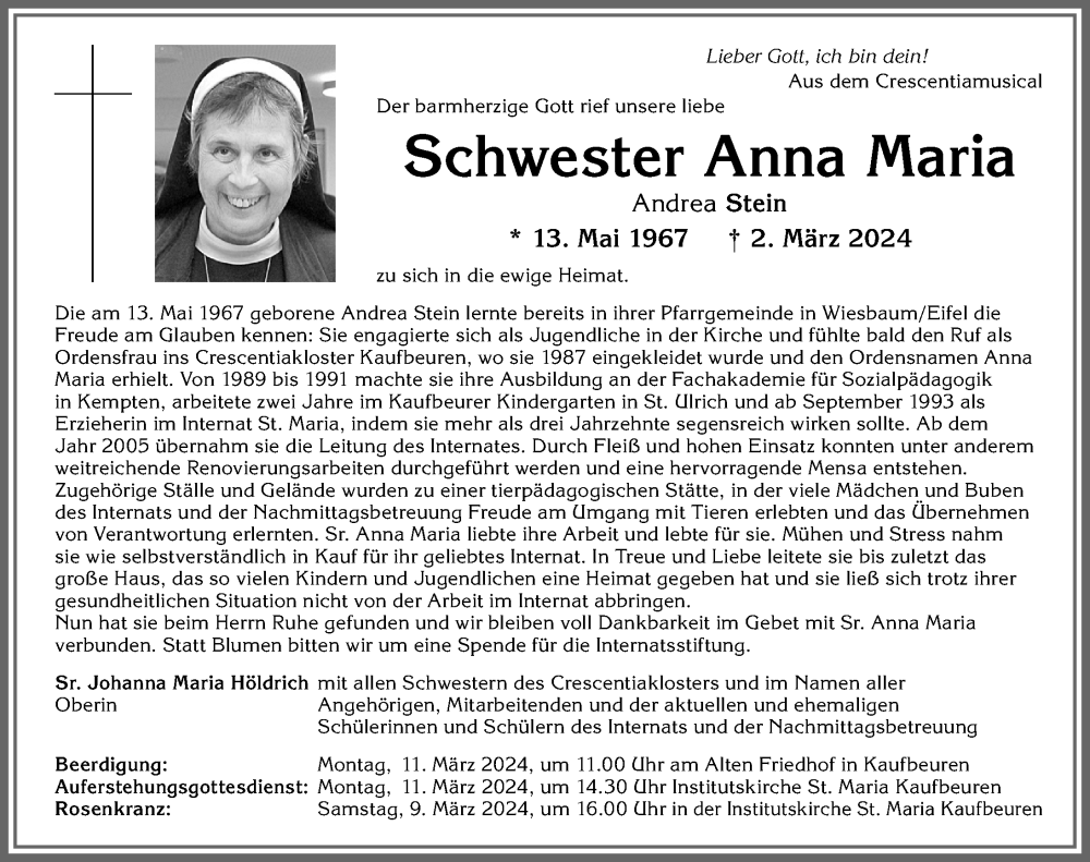  Traueranzeige für Andrea Stein vom 06.03.2024 aus Allgäuer Zeitung, Marktoberdorf