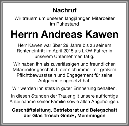 Traueranzeige von Andreas Kawen von Memminger Zeitung