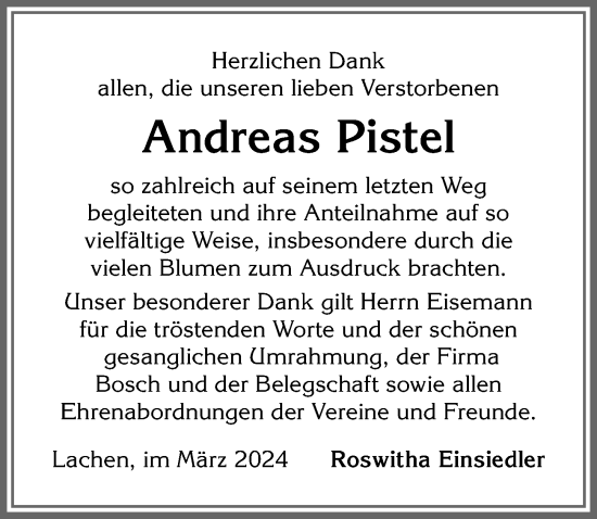 Traueranzeige von Andreas Pistel von Allgäuer Anzeigeblatt