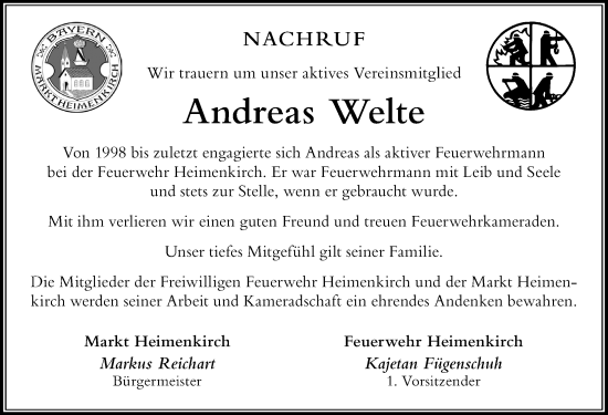 Traueranzeige von Andreas Welte von Der Westallgäuer