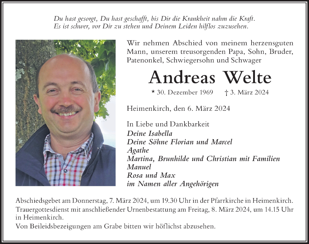  Traueranzeige für Andreas Welte vom 06.03.2024 aus Der Westallgäuer