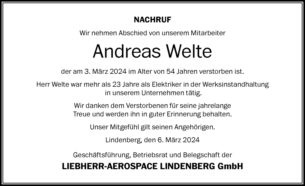  Traueranzeige für Andreas Welte vom 07.03.2024 aus Der Westallgäuer