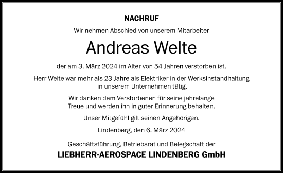 Traueranzeige von Andreas Welte von Der Westallgäuer