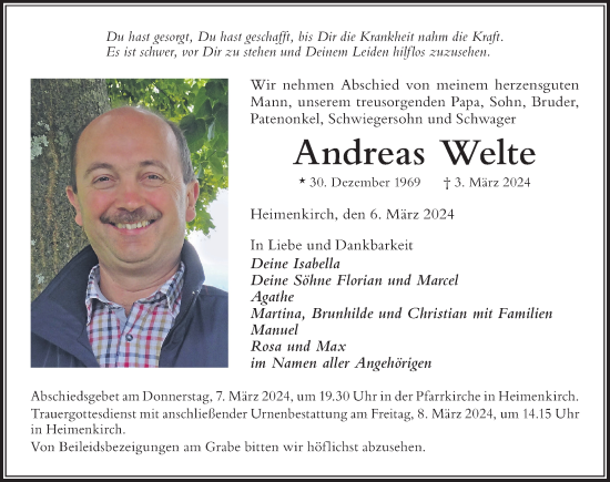 Traueranzeige von Andreas Welte von Der Westallgäuer