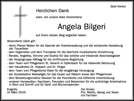 Traueranzeige von Angela Bilgeri von Der Westallgäuer