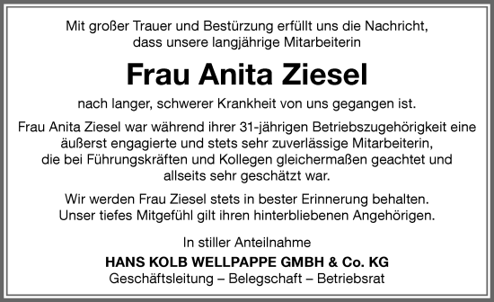 Traueranzeige von Anita Ziesel von Memminger Zeitung