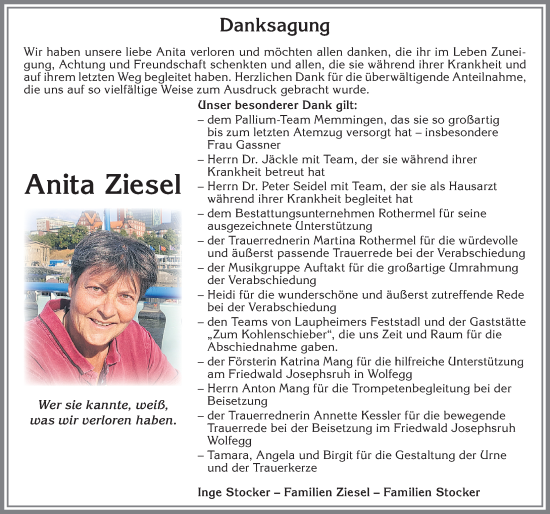 Traueranzeige von Anita Ziesel von Allgäuer Zeitung, Marktoberdorf