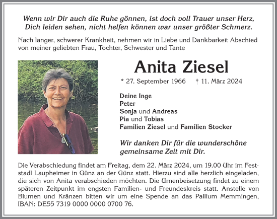 Traueranzeige von Anita Ziesel von Allgäuer Zeitung, Marktoberdorf