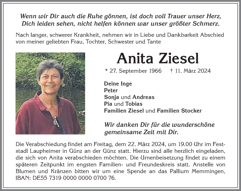  Traueranzeige für Anita Ziesel vom 16.03.2024 aus Allgäuer Zeitung, Marktoberdorf