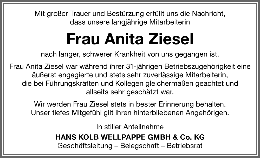  Traueranzeige für Anita Ziesel vom 18.03.2024 aus Memminger Zeitung