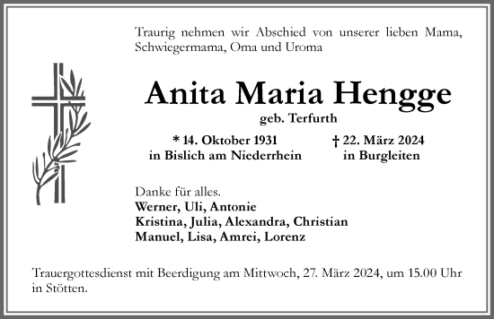 Traueranzeige von Anita Maria Hengge von Allgäuer Zeitung, Marktoberdorf