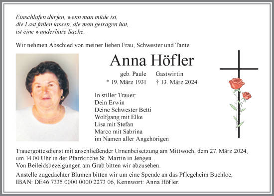 Traueranzeige von Anna Höfler von Allgäuer Zeitung, Kaufbeuren/Buchloe