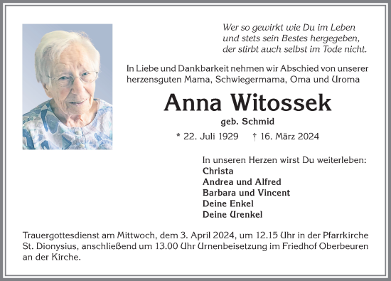 Traueranzeige von Anna Witossek von Allgäuer Zeitung, Kaufbeuren/Buchloe