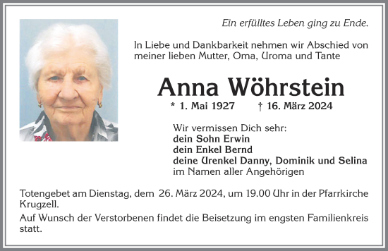 Traueranzeige von Anna Wöhrstein von Allgäuer Zeitung,Kempten