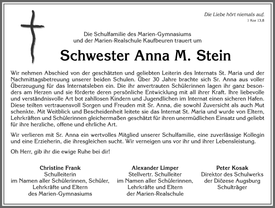 Traueranzeige von Anna M. Stein von Allgäuer Zeitung, Kaufbeuren/Buchloe
