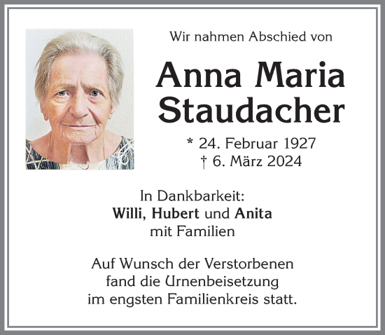 Traueranzeige von Anna Maria Staudacher von Allgäuer Zeitung,Kempten