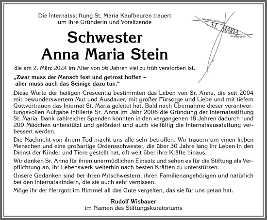 Traueranzeige von Anna Maria Stein von Allgäuer Zeitung, Kaufbeuren/Buchloe