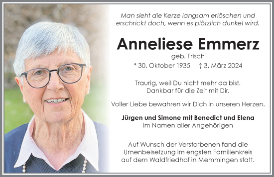 Traueranzeige von Anneliese Emmerz von Memminger Zeitung