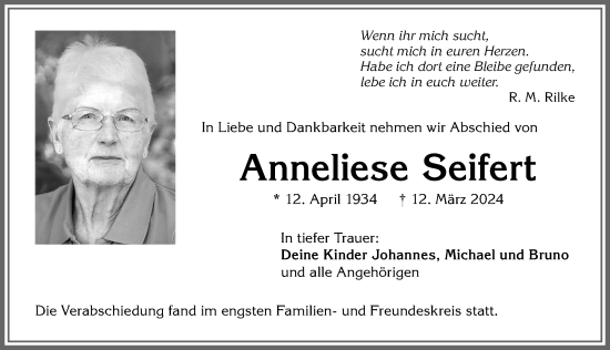 Traueranzeige von Anneliese Seifert von Allgäuer Zeitung, Kaufbeuren/Buchloe