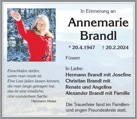 Traueranzeige von Annemarie Brandl von Allgäuer Zeitung, Füssen