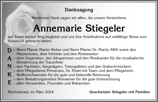 Traueranzeige von Annemarie Stiegeler von Allgäuer Zeitung,Kempten