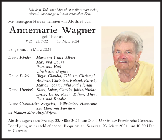 Traueranzeige von Annemarie Wagner von Der Westallgäuer