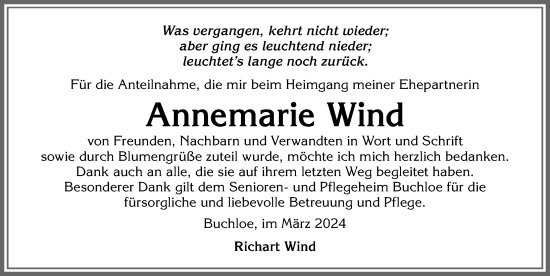 Traueranzeige von Annemarie Wind von Allgäuer Zeitung, Kaufbeuren/Buchloe