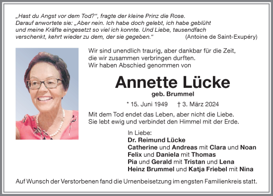 Traueranzeige von Annette Lücke von Memminger Zeitung