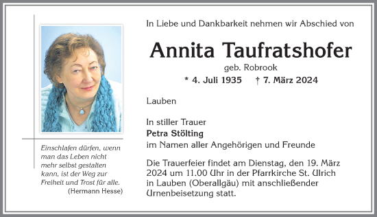 Traueranzeige von Annita Taufratshofer von Memminger Zeitung