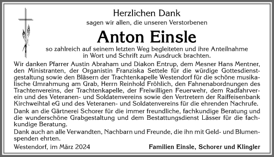 Traueranzeige von Anton Einsle von Allgäuer Zeitung, Kaufbeuren/Buchloe