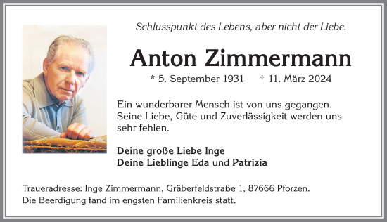 Traueranzeige von Anton Zimmermann von Allgäuer Zeitung, Kaufbeuren/Buchloe