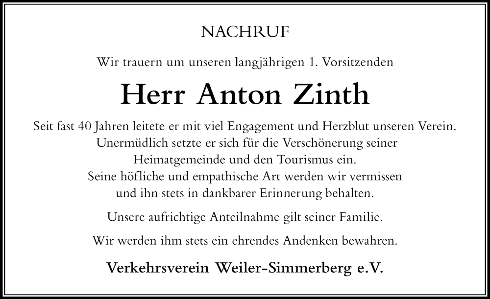  Traueranzeige für Anton Zinth vom 13.03.2024 aus Der Westallgäuer
