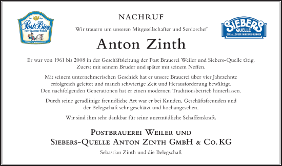 Traueranzeige von Anton Zinth von Der Westallgäuer