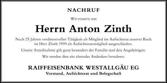 Traueranzeige von Anton Zinth von Der Westallgäuer